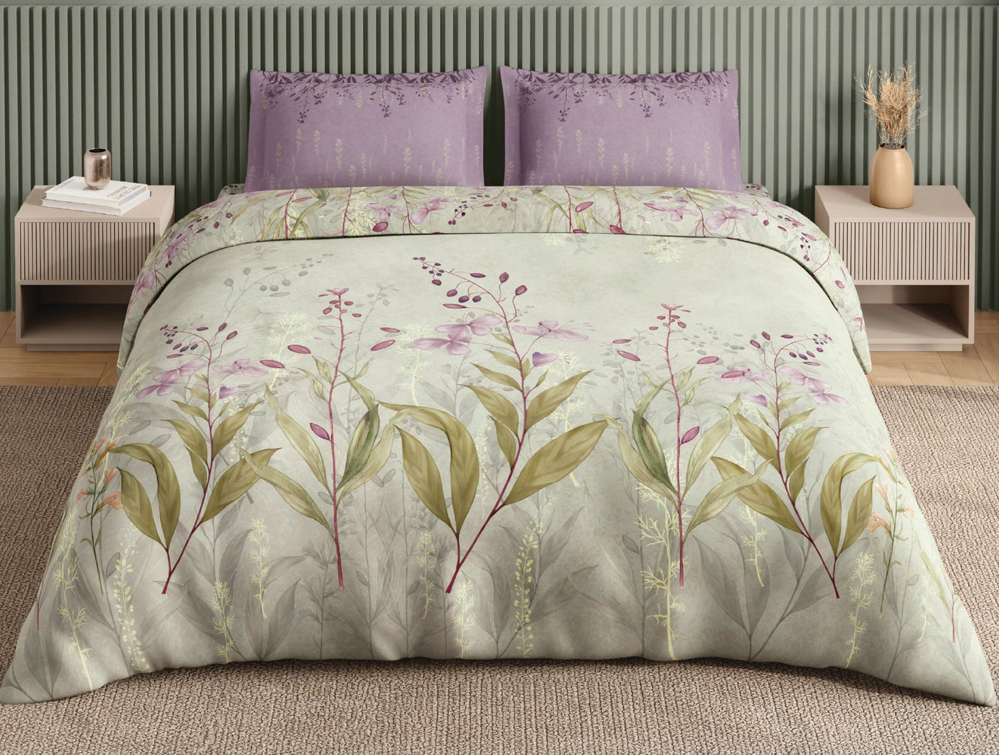 Spaces Neo Light Grey Floral 100% Cotton Large Bedsheet with 2 Pillow Covers - 108 x 108 Inches
