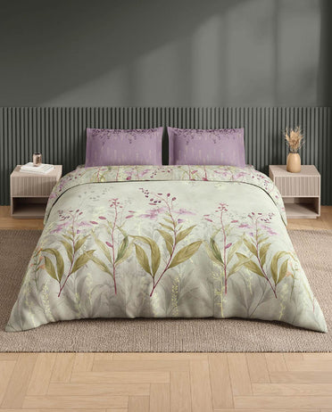 Spaces Neo Light Grey Floral 100% Cotton Large Bedsheet with 2 Pillow Covers - 108 x 108 Inches