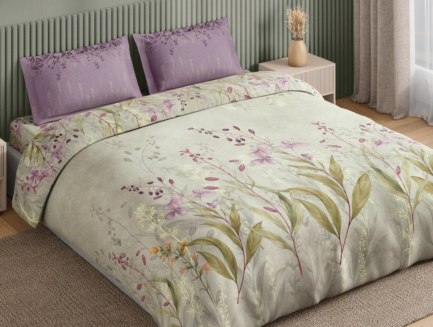 Spaces Neo Light Grey Floral 100% Cotton Large Bedsheet with 2 Pillow Covers - 108 x 108 Inches