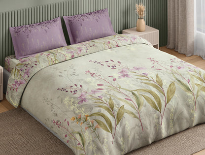 Spaces Neo Light Grey Floral 100% Cotton Large Bedsheet with 2 Pillow Covers - 108 x 108 Inches