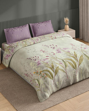 Spaces Neo Light Grey Floral 100% Cotton Large Bedsheet with 2 Pillow Covers - 108 x 108 Inches