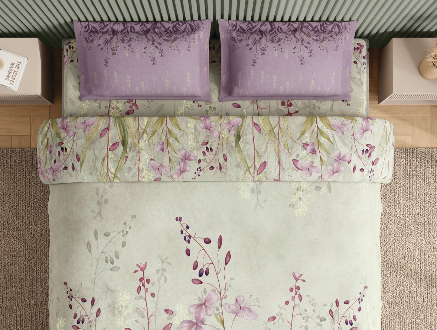 Spaces Neo Light Grey Floral 100% Cotton Large Bedsheet with 2 Pillow Covers - 108 x 108 Inches