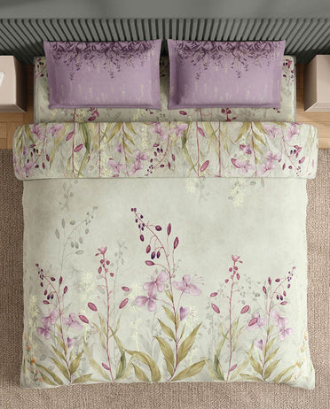 Spaces Neo Light Grey Floral 100% Cotton Large Bedsheet with 2 Pillow Covers - 108 x 108 Inches