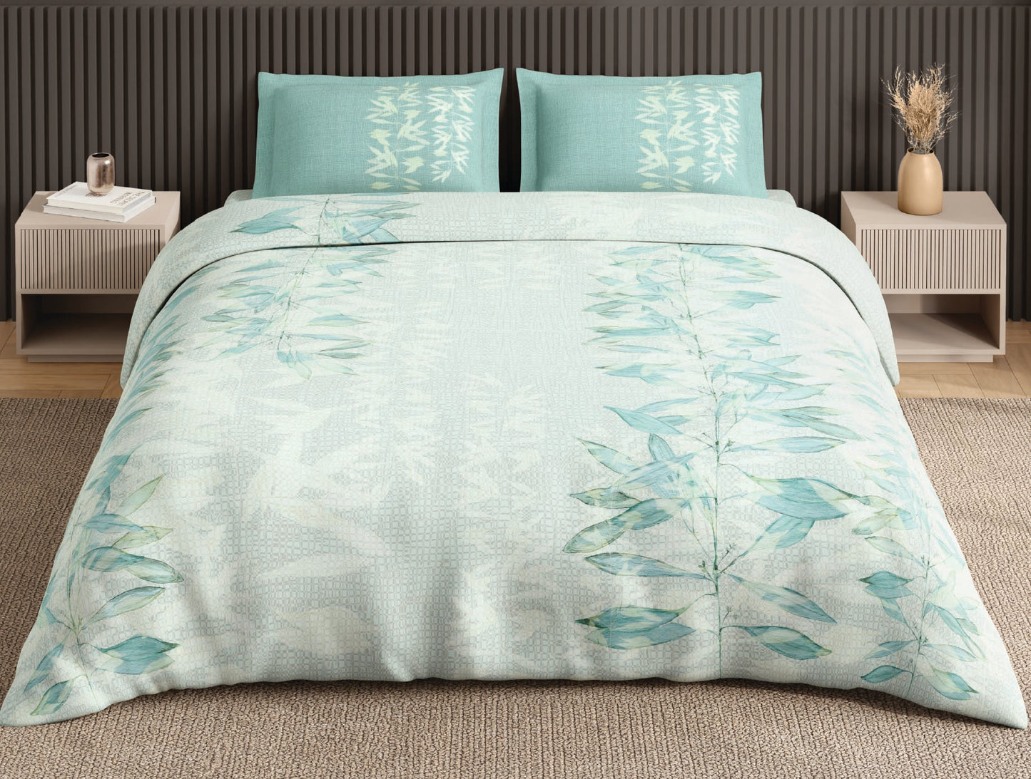 Spaces Neo Light Blue Floral 100% Cotton Large Bedsheet with 2 Pillow Covers - 108 x 108 Inches