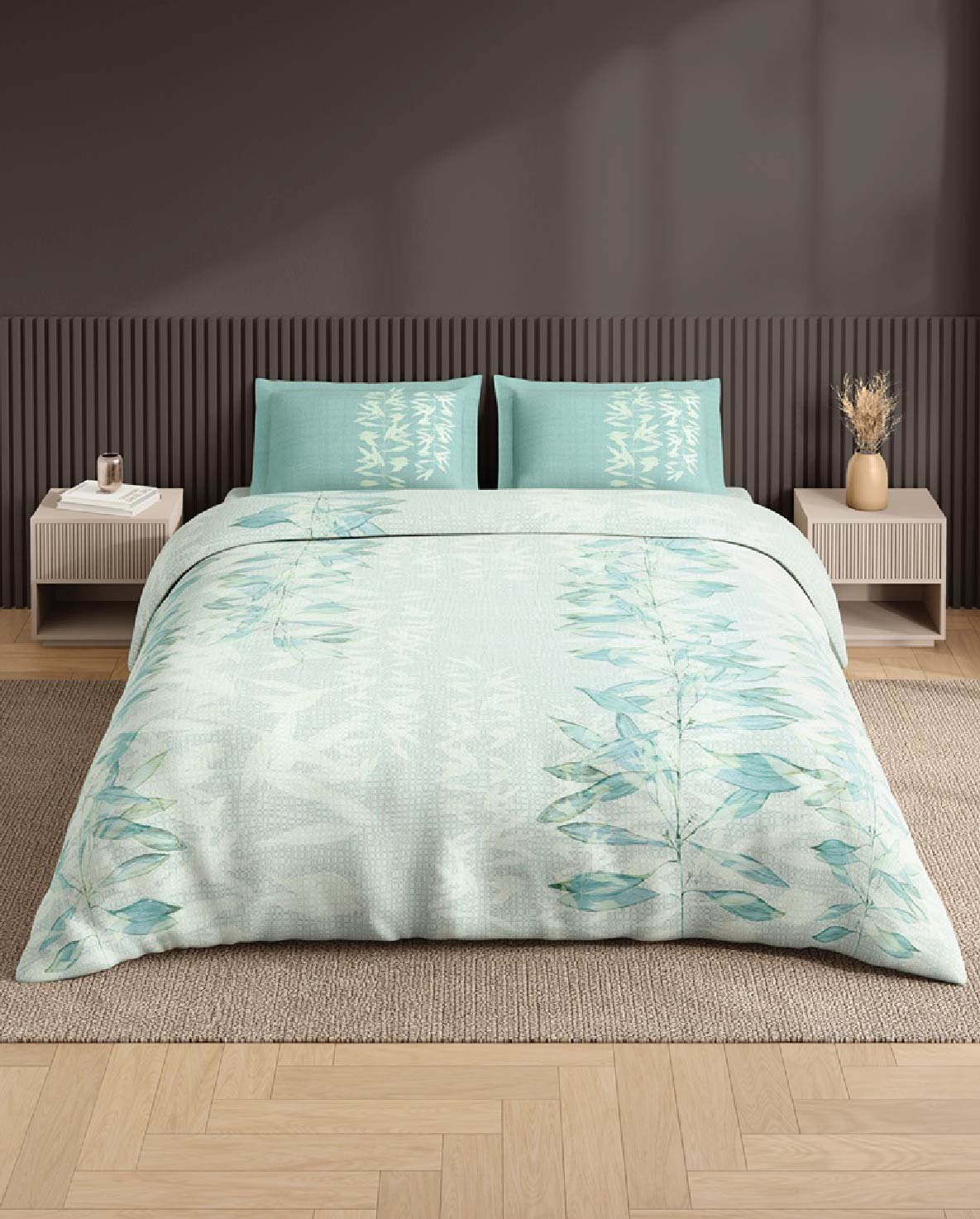 Spaces Neo Light Blue Floral 100% Cotton Large Bedsheet with 2 Pillow Covers - 108 x 108 Inches