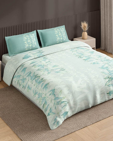 Spaces Neo Light Blue Floral 100% Cotton Large Bedsheet with 2 Pillow Covers - 108 x 108 Inches