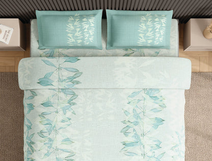 Spaces Neo Light Blue Floral 100% Cotton Large Bedsheet with 2 Pillow Covers - 108 x 108 Inches
