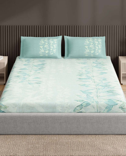 Spaces Neo Light Blue Floral 100% Cotton Large Bedsheet with 2 Pillow Covers - 108 x 108 Inches