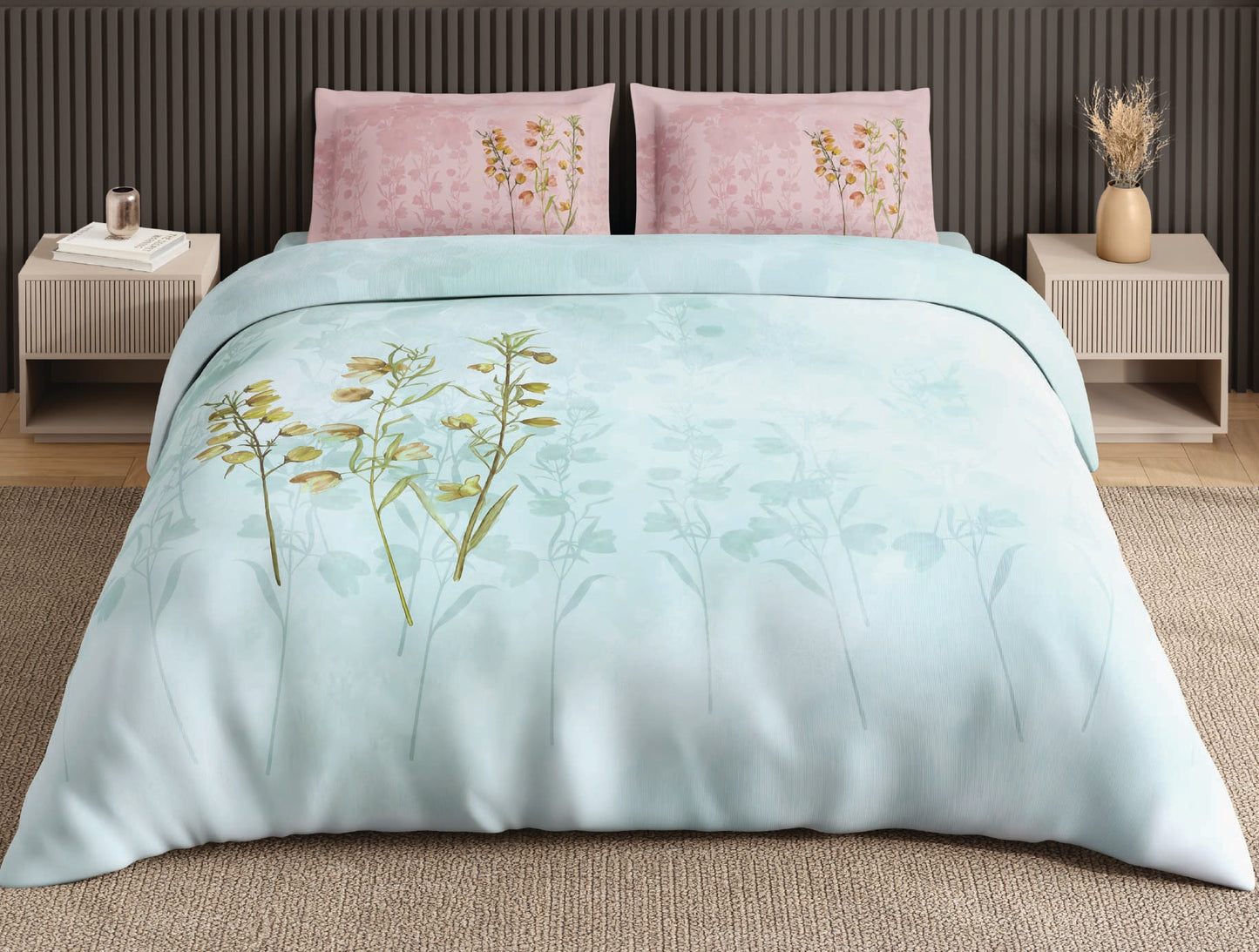 Spaces Neo Light Blue Floral 100% Cotton Large Bedsheet with 2 Pillow Covers - 108 x 108 Inches