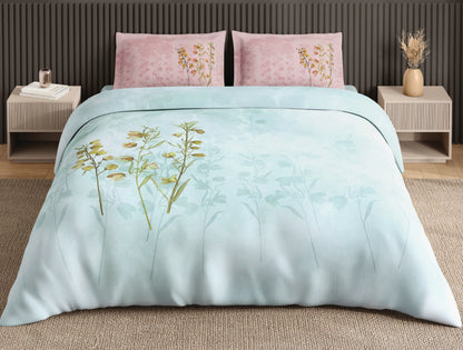 Spaces Neo Light Blue Floral 100% Cotton Large Bedsheet with 2 Pillow Covers - 108 x 108 Inches