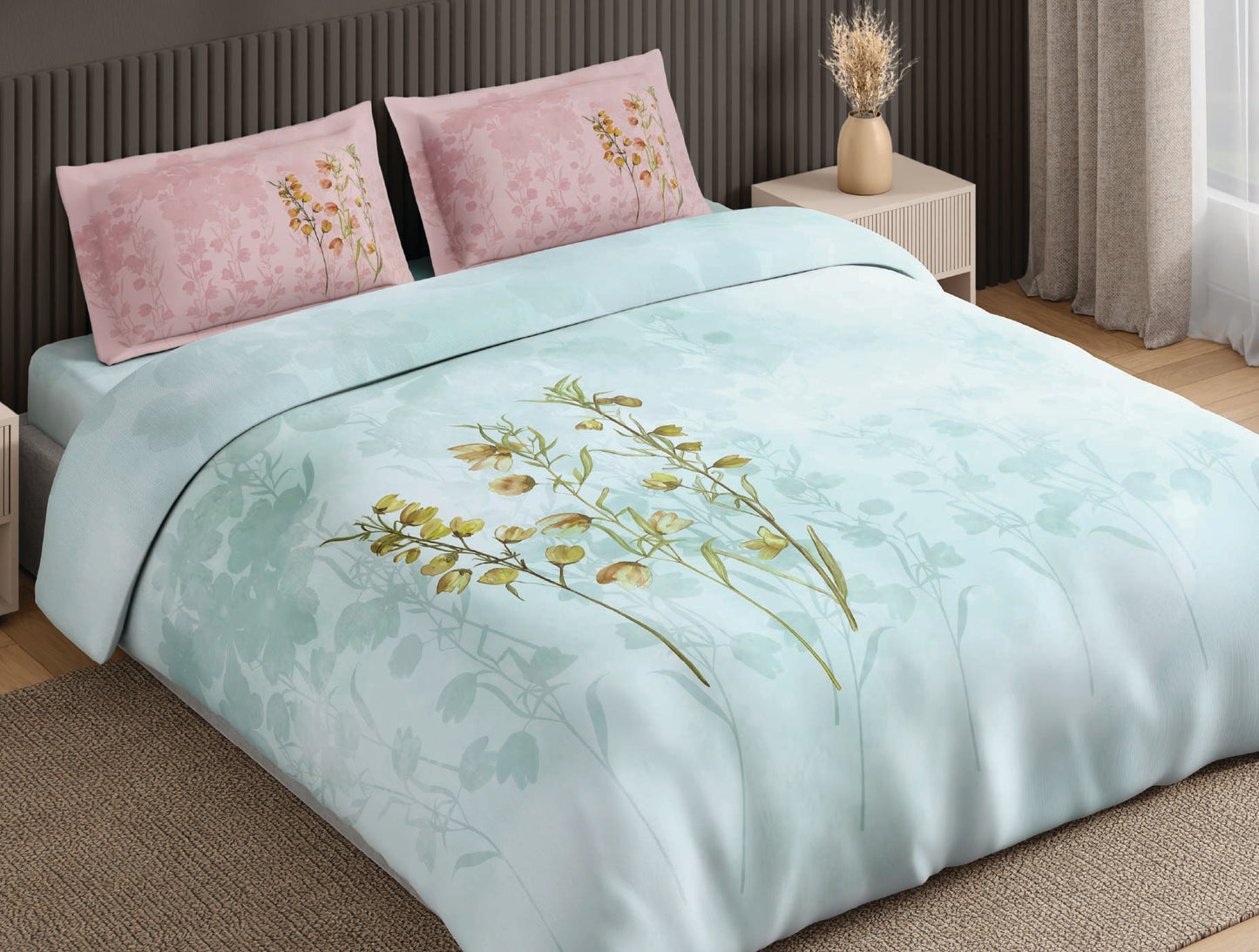 Spaces Neo Light Blue Floral 100% Cotton Large Bedsheet with 2 Pillow Covers - 108 x 108 Inches