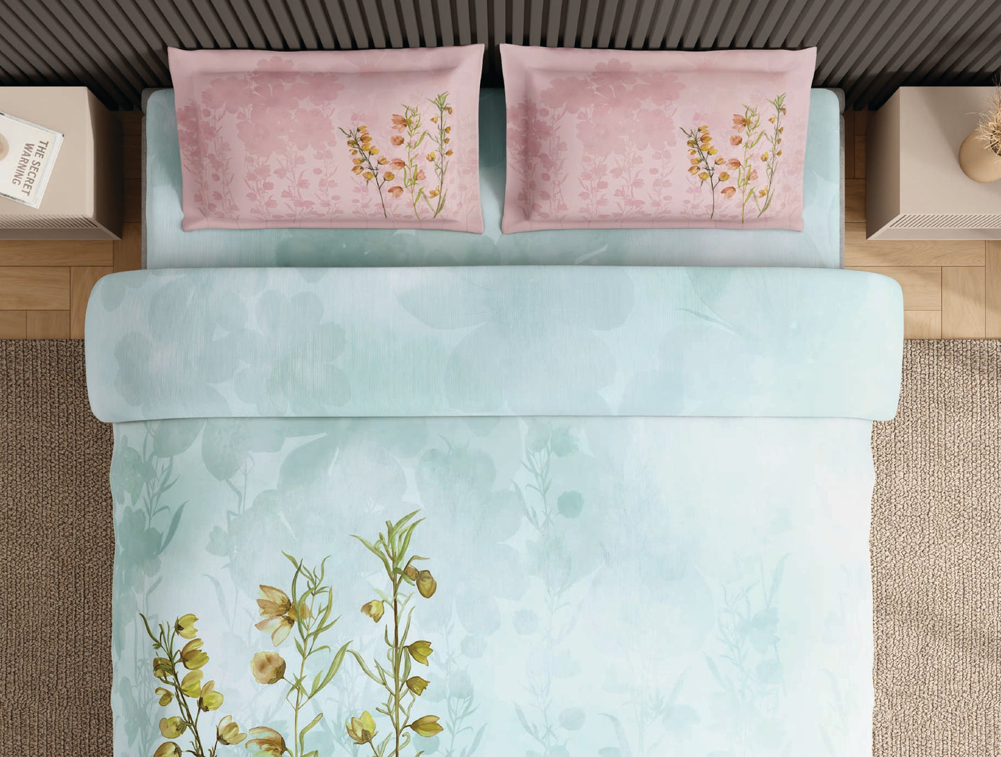 Spaces Neo Light Blue Floral 100% Cotton Large Bedsheet with 2 Pillow Covers - 108 x 108 Inches