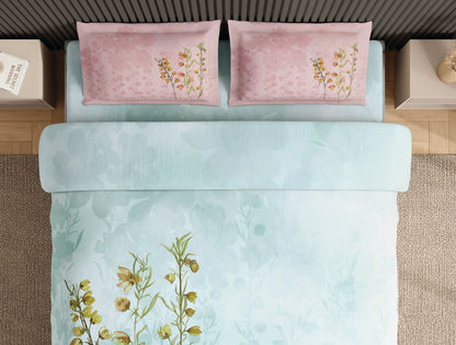 Spaces Neo Light Blue Floral 100% Cotton Large Bedsheet with 2 Pillow Covers - 108 x 108 Inches