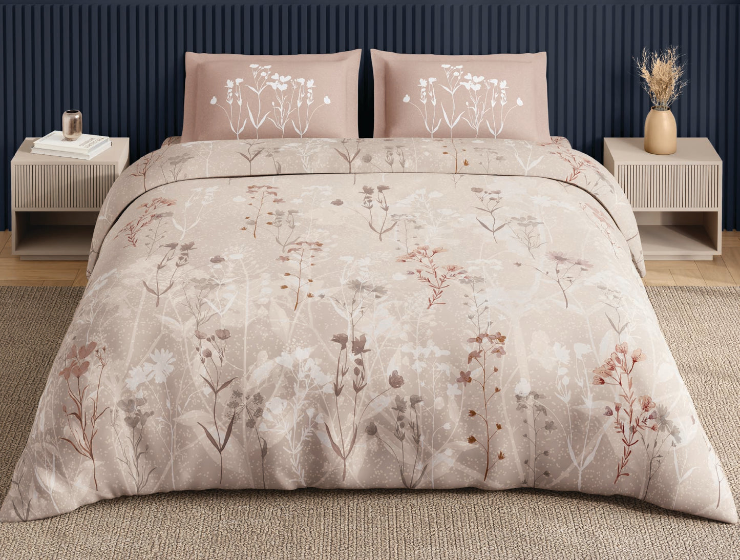 Spaces Neo Light Beige Floral 100% Cotton Large Bedsheet with 2 Pillow Covers - 108 x 108 Inches