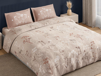 Spaces Neo Light Beige Floral 100% Cotton Large Bedsheet with 2 Pillow Covers - 108 x 108 Inches