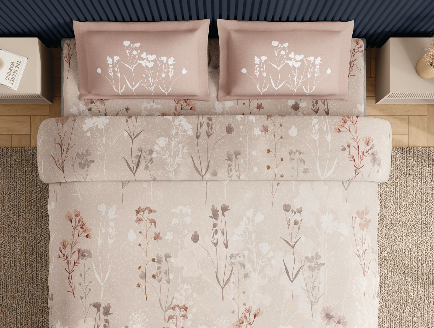 Spaces Neo Light Beige Floral 100% Cotton Large Bedsheet with 2 Pillow Covers - 108 x 108 Inches