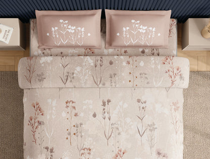 Spaces Neo Light Beige Floral 100% Cotton Large Bedsheet with 2 Pillow Covers - 108 x 108 Inches