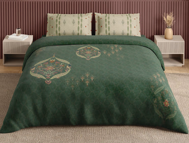 Spaces Neo Dark Green Ornate 100% Cotton Large Bedsheet with 2 Pillow Covers - 108 x 108 Inches