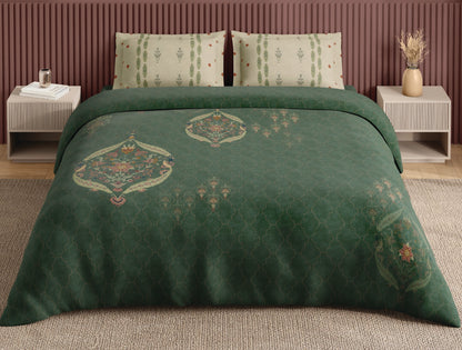 Spaces Neo Dark Green Ornate 100% Cotton Large Bedsheet with 2 Pillow Covers - 108 x 108 Inches