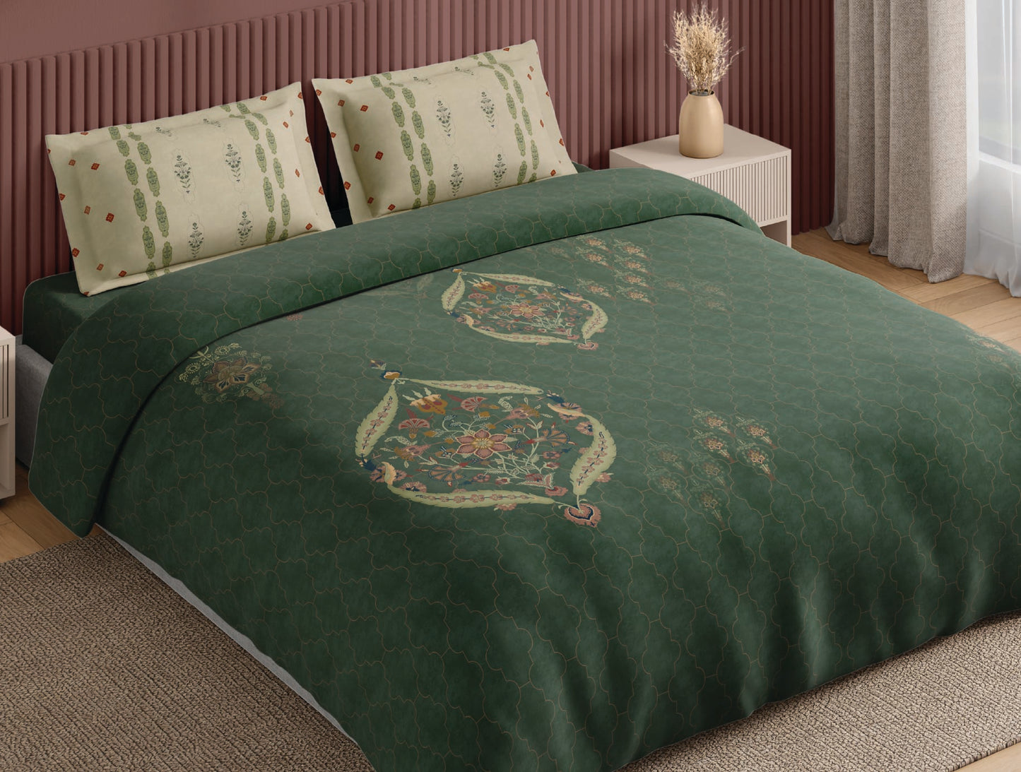 Spaces Neo Dark Green Ornate 100% Cotton Large Bedsheet with 2 Pillow Covers - 108 x 108 Inches