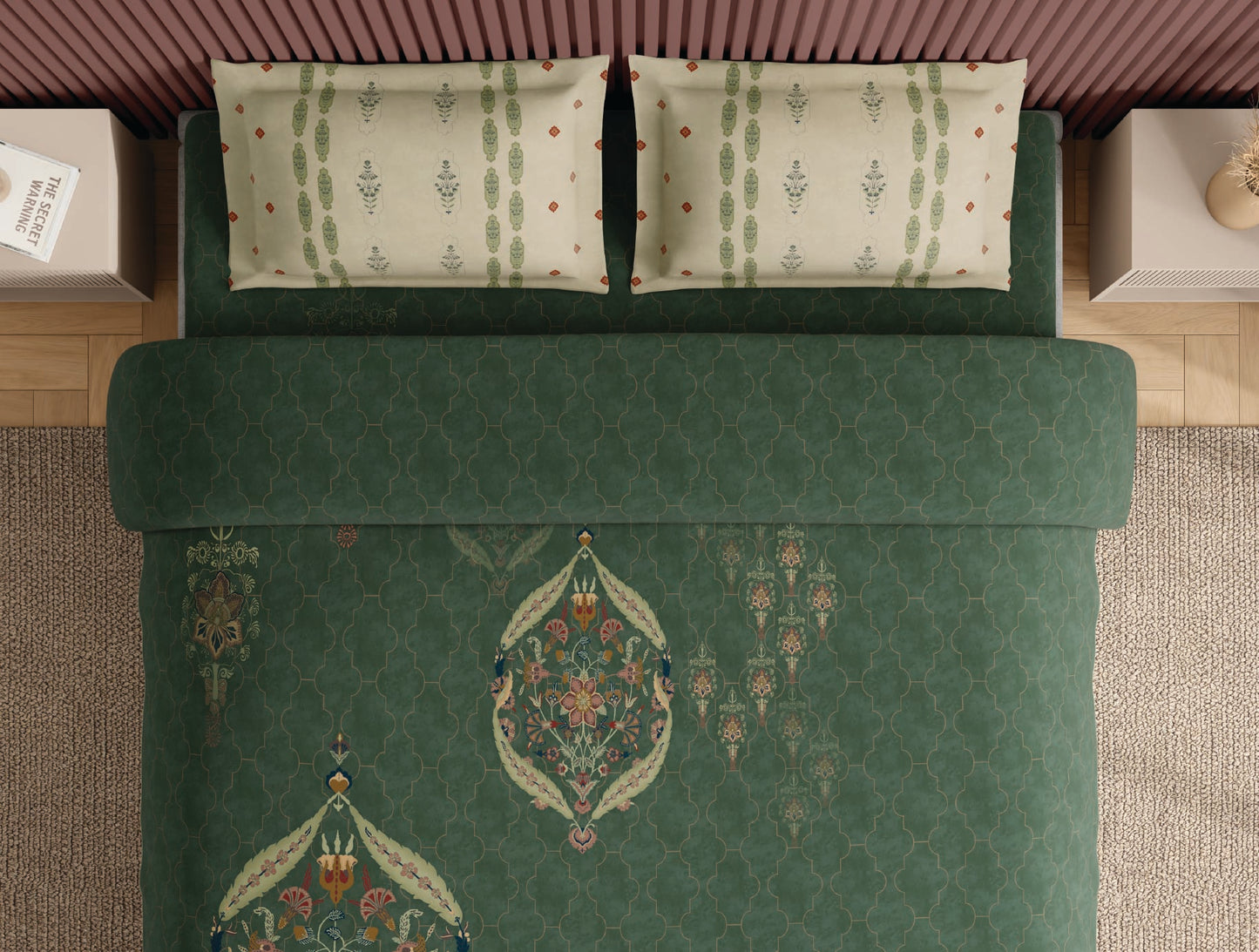 Spaces Neo Dark Green Ornate 100% Cotton Large Bedsheet with 2 Pillow Covers - 108 x 108 Inches
