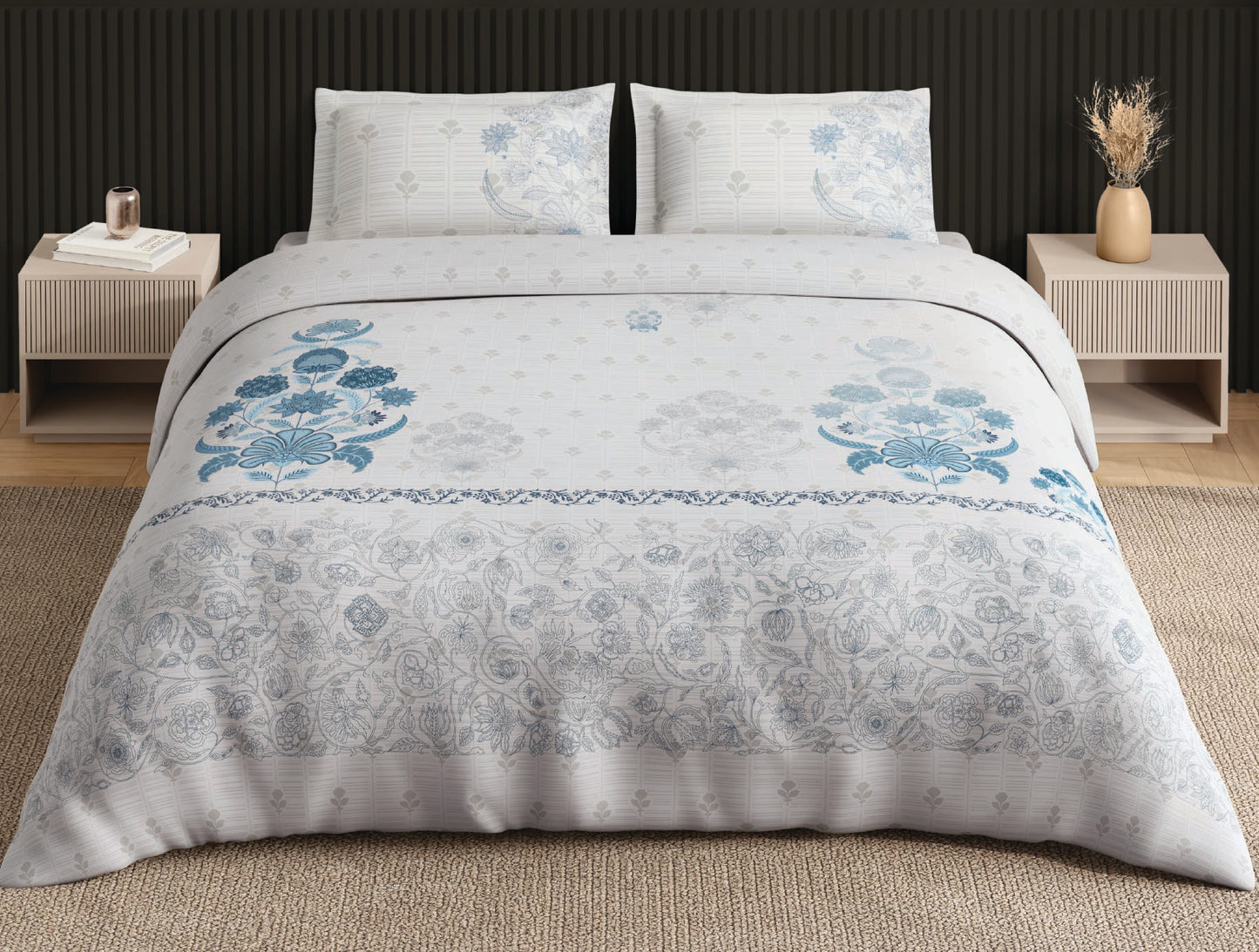 Spaces Neo White Ornate 100% Cotton Large Bedsheet with 2 Pillow Covers - 108 x 108 Inches