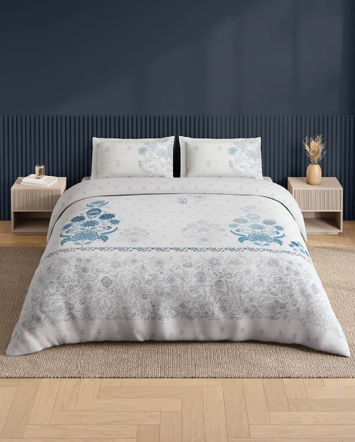Spaces Neo White Ornate 100% Cotton Large Bedsheet with 2 Pillow Covers - 108 x 108 Inches