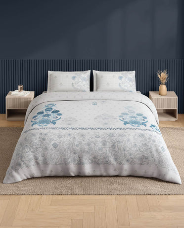 Spaces Neo White Ornate 100% Cotton Large Bedsheet with 2 Pillow Covers - 108 x 108 Inches