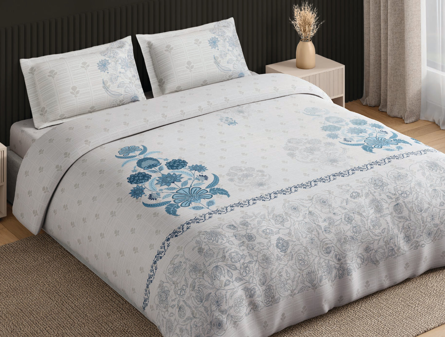 Spaces Neo White Ornate 100% Cotton Large Bedsheet with 2 Pillow Covers - 108 x 108 Inches