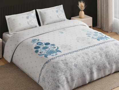 Spaces Neo White Ornate 100% Cotton Large Bedsheet with 2 Pillow Covers - 108 x 108 Inches