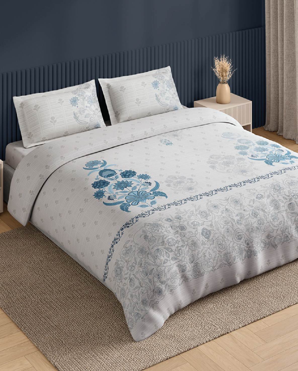 Spaces Neo White Ornate 100% Cotton Large Bedsheet with 2 Pillow Covers - 108 x 108 Inches