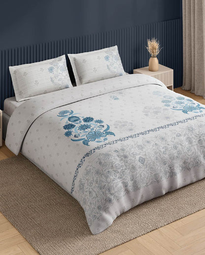 Spaces Neo White Ornate 100% Cotton Large Bedsheet with 2 Pillow Covers - 108 x 108 Inches