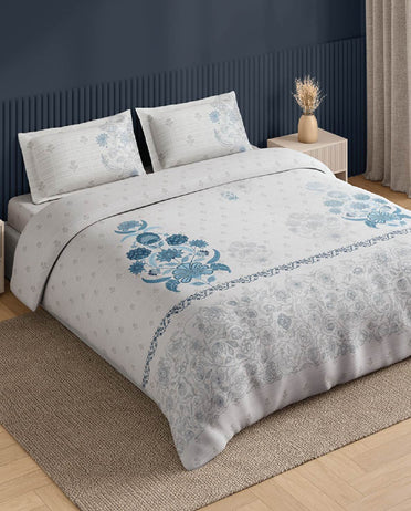 Spaces Neo White Ornate 100% Cotton Large Bedsheet with 2 Pillow Covers - 108 x 108 Inches