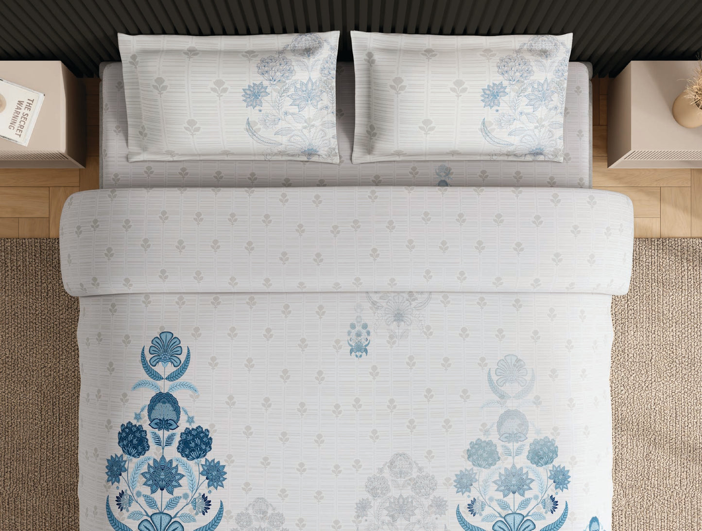 Spaces Neo White Ornate 100% Cotton Large Bedsheet with 2 Pillow Covers - 108 x 108 Inches