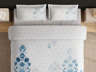 Spaces Neo White Ornate 100% Cotton Large Bedsheet with 2 Pillow Covers - 108 x 108 Inches