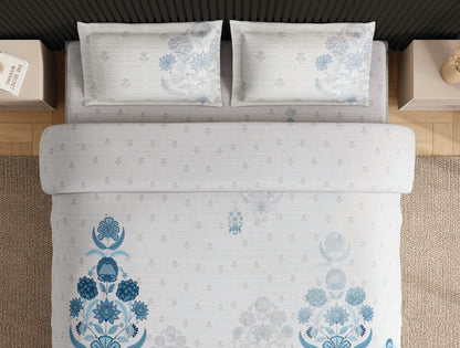 Spaces Neo White Ornate 100% Cotton Large Bedsheet with 2 Pillow Covers - 108 x 108 Inches