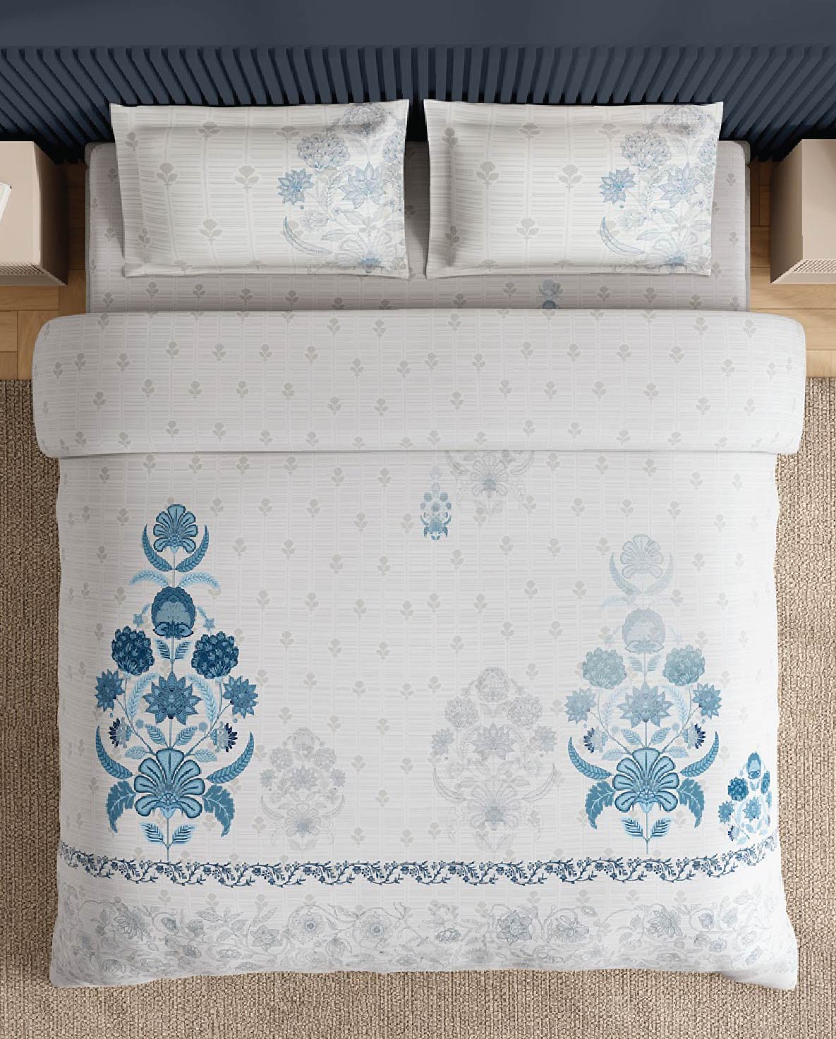 Spaces Neo White Ornate 100% Cotton Large Bedsheet with 2 Pillow Covers - 108 x 108 Inches