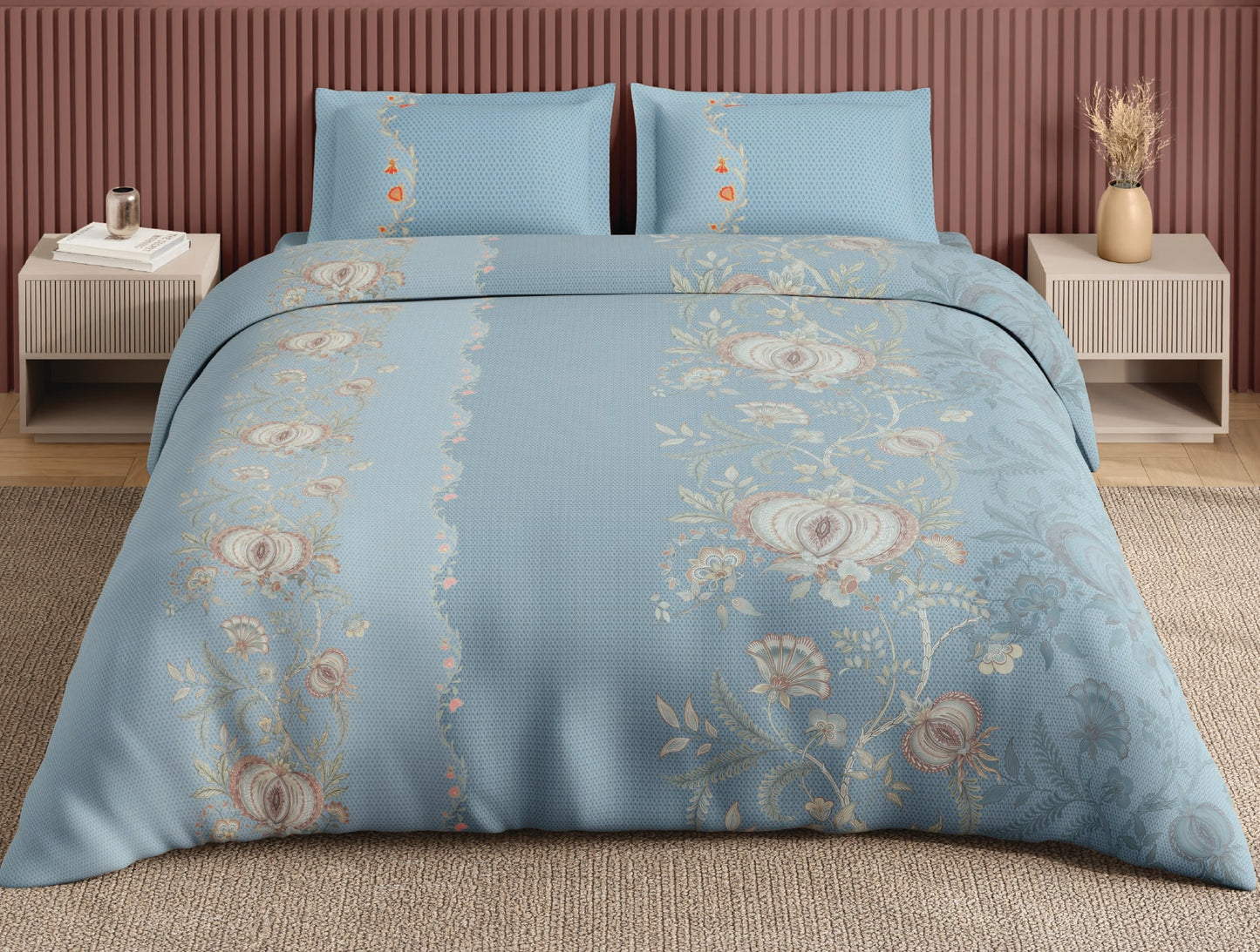Spaces Neo Light Aqua Ornate 100% Cotton Large Bedsheet with 2 Pillow Covers - 108 x 108 Inches