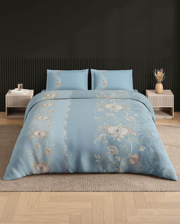 Spaces Neo Light Aqua Ornate 100% Cotton Large Bedsheet with 2 Pillow Covers - 108 x 108 Inches