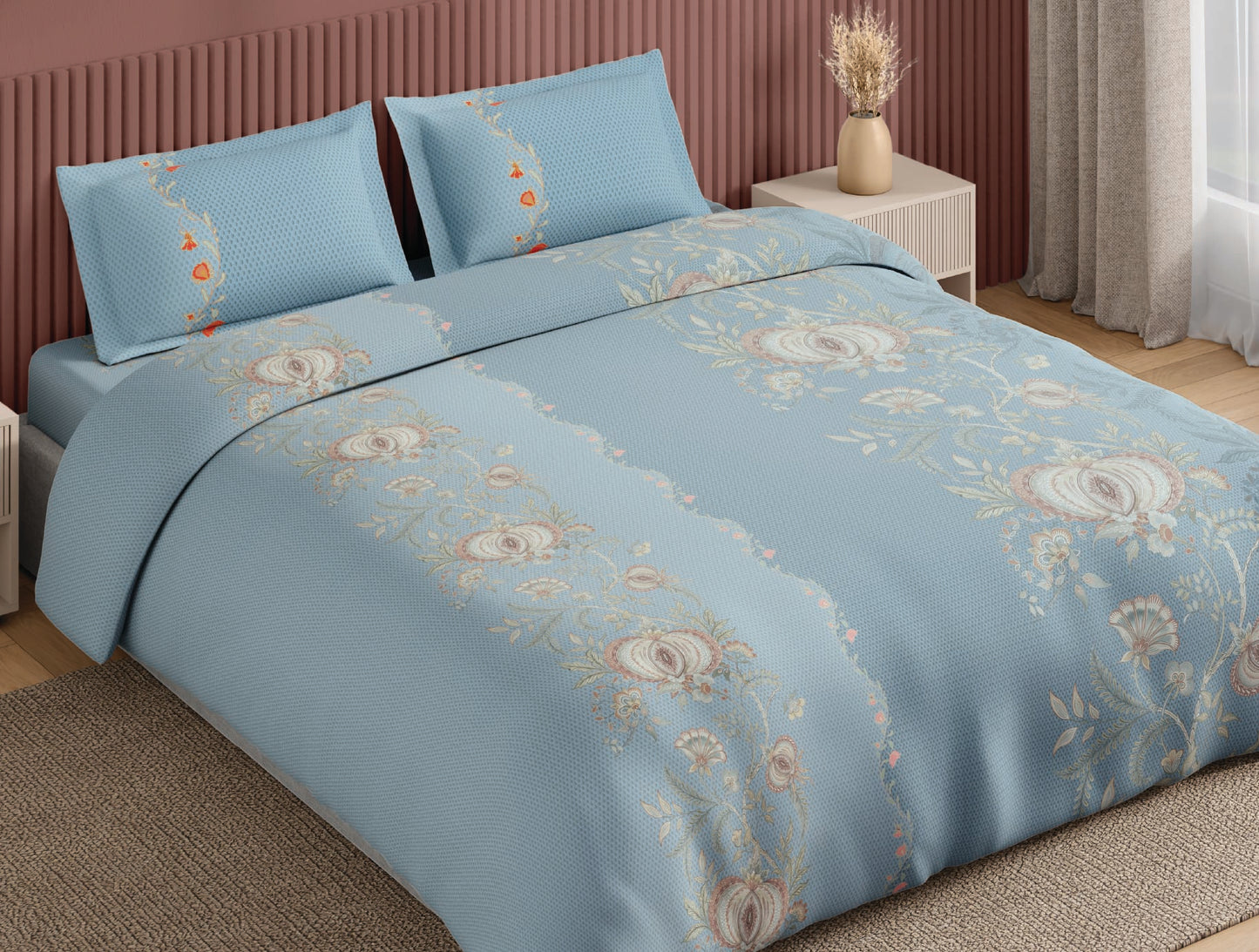 Spaces Neo Light Aqua Ornate 100% Cotton Large Bedsheet with 2 Pillow Covers - 108 x 108 Inches