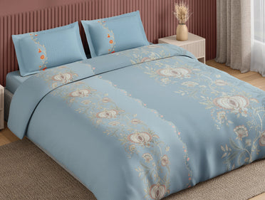 Spaces Neo Light Aqua Ornate 100% Cotton Large Bedsheet with 2 Pillow Covers - 108 x 108 Inches