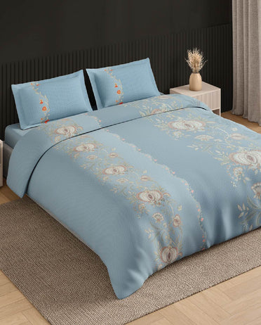 Spaces Neo Light Aqua Ornate 100% Cotton Large Bedsheet with 2 Pillow Covers - 108 x 108 Inches