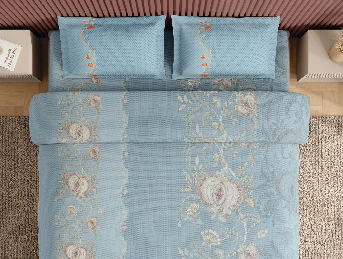 Spaces Neo Light Aqua Ornate 100% Cotton Large Bedsheet with 2 Pillow Covers - 108 x 108 Inches