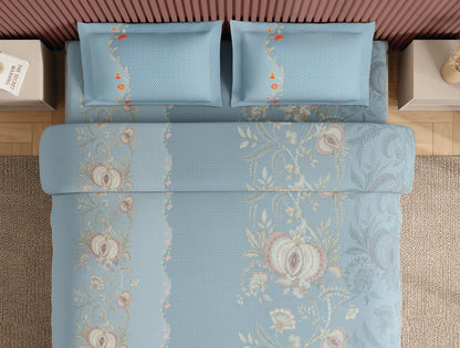 Spaces Neo Light Aqua Ornate 100% Cotton Large Bedsheet with 2 Pillow Covers - 108 x 108 Inches