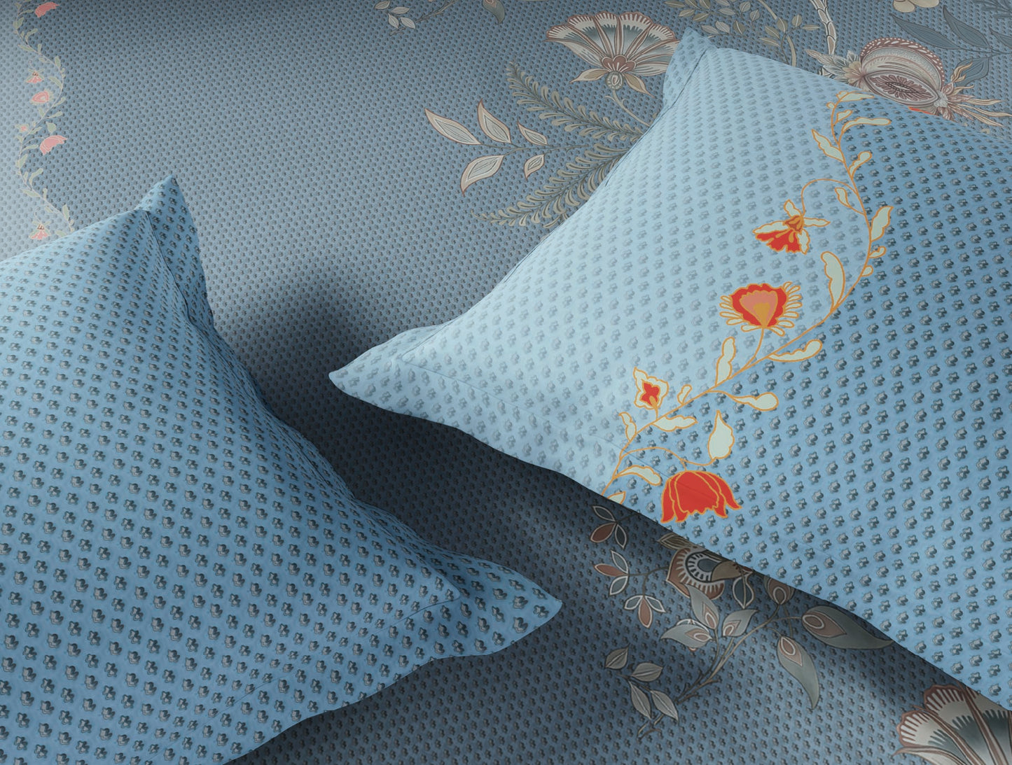 Spaces Neo Light Aqua Ornate 100% Cotton Large Bedsheet with 2 Pillow Covers - 108 x 108 Inches