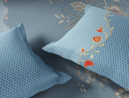 Spaces Neo Light Aqua Ornate 100% Cotton Large Bedsheet with 2 Pillow Covers - 108 x 108 Inches
