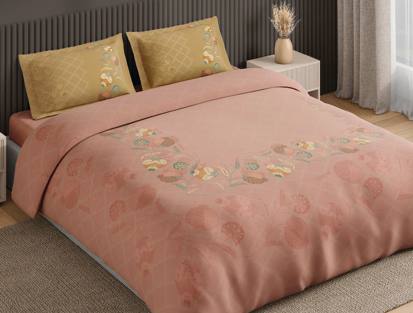 Spaces Neo Blush Ornate 100% Cotton Large Bedsheet with 2 Pillow Covers - 108 x 108 Inches