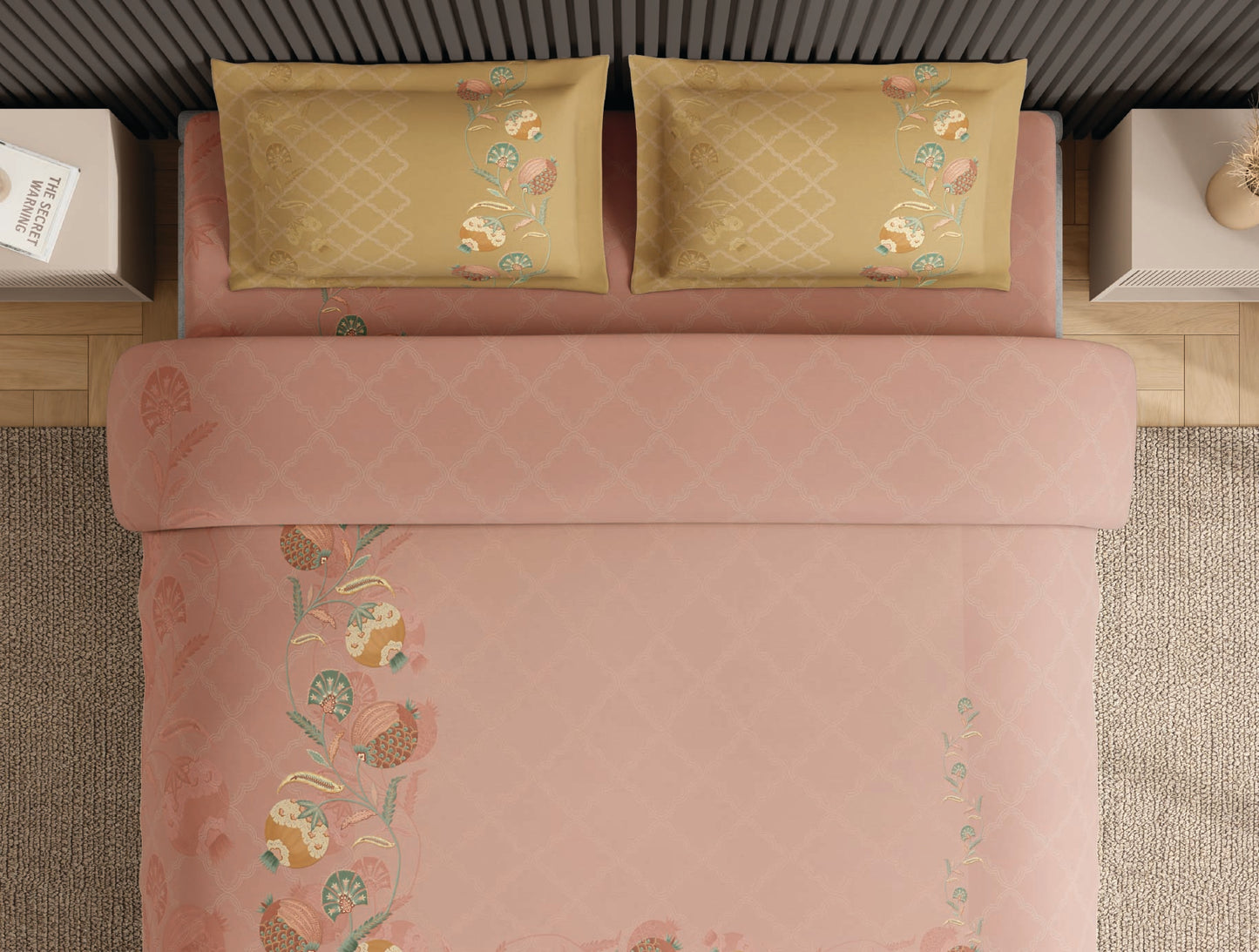 Spaces Neo Blush Ornate 100% Cotton Large Bedsheet with 2 Pillow Covers - 108 x 108 Inches