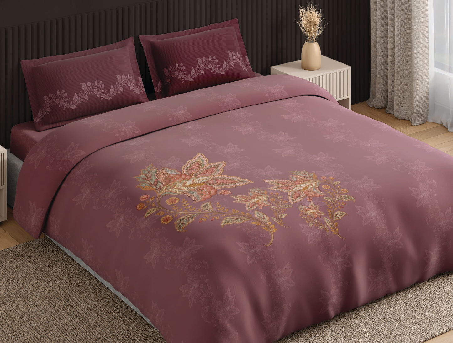 Spaces Neo Blush Ornate 100% Cotton Large Bedsheet with 2 Pillow Covers - 108 x 108 Inches