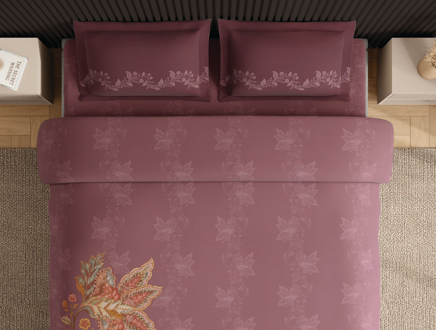 Spaces Neo Blush Ornate 100% Cotton Large Bedsheet with 2 Pillow Covers - 108 x 108 Inches